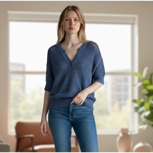 Haven Well Within Sweaters - Haven Well Within Blue Knot Stitch Henley Short Sleeve Sweater S Small Open Knit